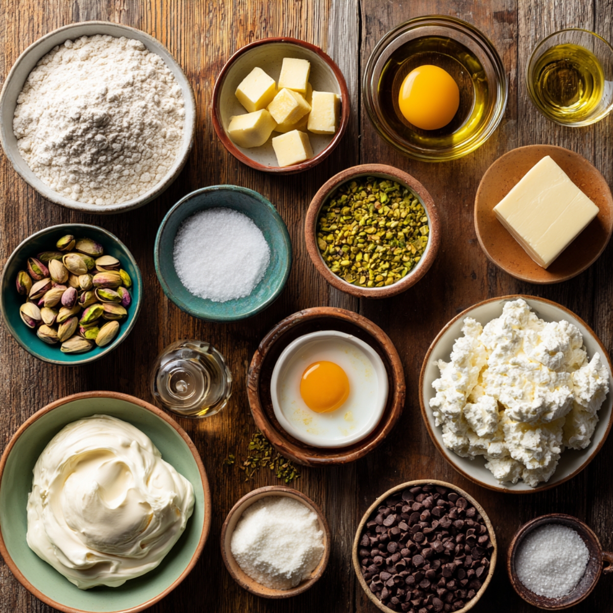 Flat lay of pistachio cannoli ingredients on a rustic table: flour, sugar, butter, egg yolk, ricotta, mascarpone, pistachios, powdered sugar, mini chocolate chips, cream, and vanilla.
