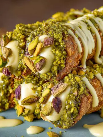 Close-up of homemade pistachio cannoli with creamy filling, chopped pistachios, and drizzle.