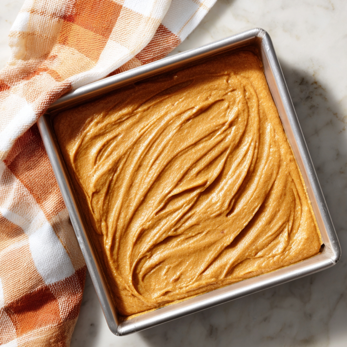 Homemade pumpkin bar batter spread evenly in a square metal baking pan, ready for the oven, with a plaid fall kitchen towel beside it on a marble countertop.