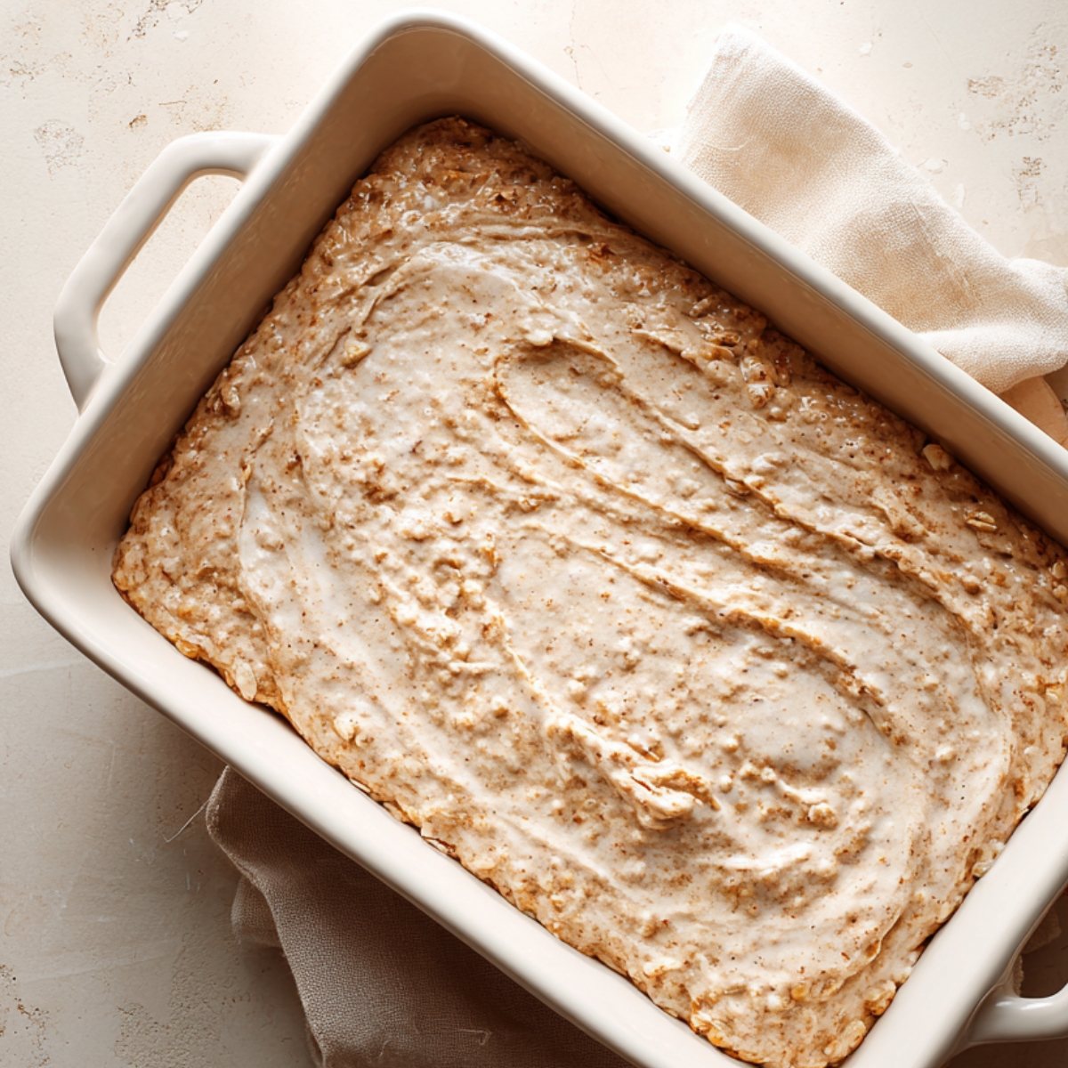 Homemade oatmeal cake batter spread in a white ceramic baking dish, with oat flecks and swirled texture on top, resting on a beige linen over a stone countertop.