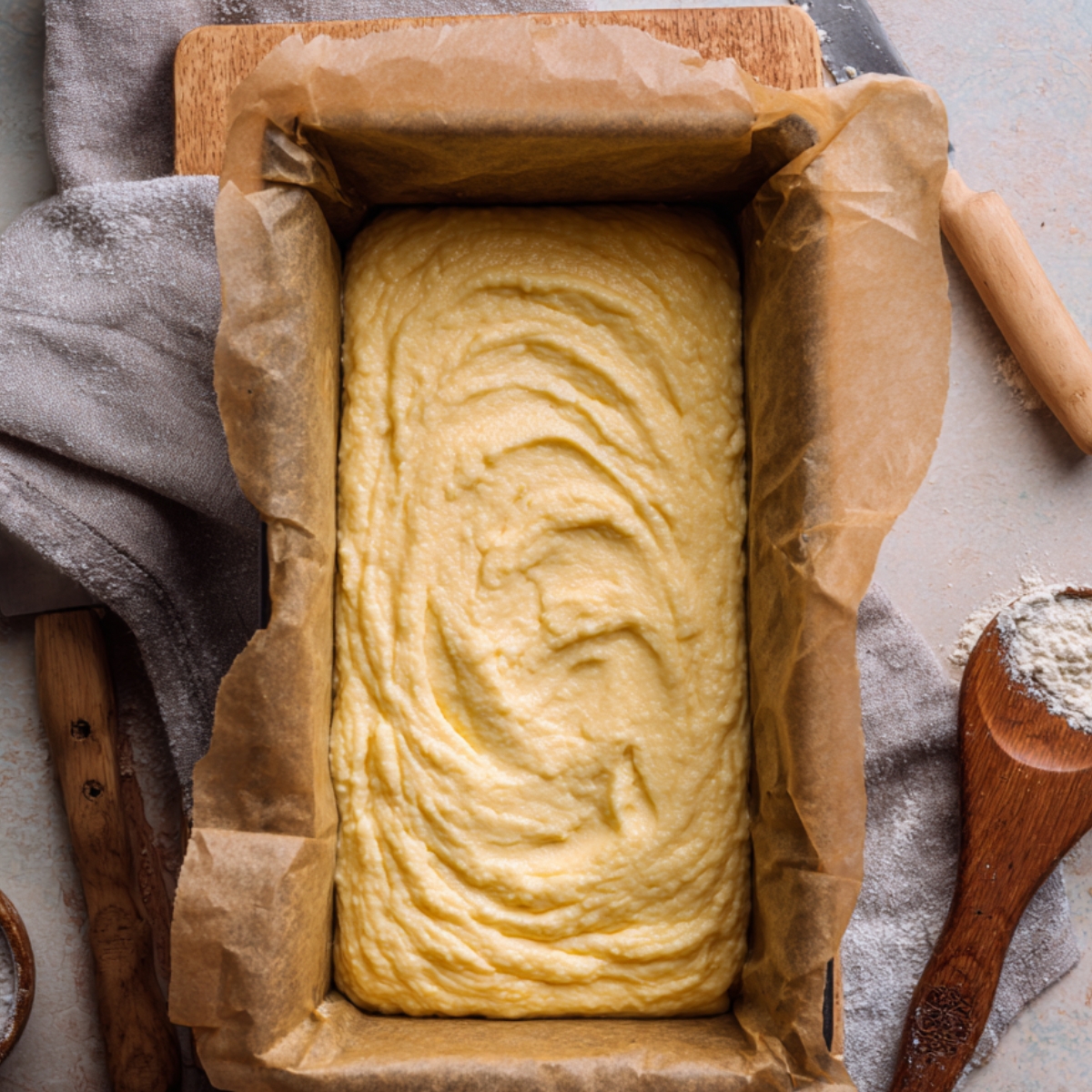 Lemon drizzle cake batter in a parchment-lined loaf tin, pale yellow with swirled ridges, surrounded by a floured wooden spoon, small flour bowl, and grey kitchen towel on a light surface.