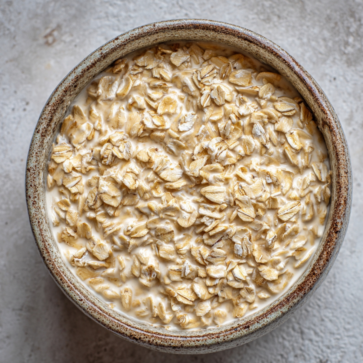 Rustic ceramic bowl of rolled oats soaking in hot liquid, oats plump and soft, on a light stone countertop.