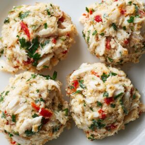 Uncooked homemade crab cakes on a white plate, with chunks of crab meat, parsley, red pepper, and breadcrumbs.