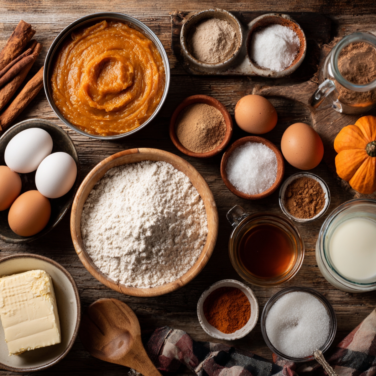 A cozy flat lay of real pumpkin bar ingredients on a rustic wooden table, including flour, eggs, canned pumpkin, spices, sugar, butter, and vanilla.