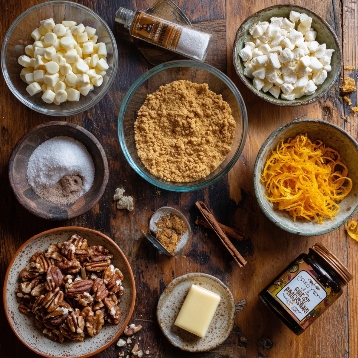 Overhead view of white chocolate chips, graham cracker crumbs, chopped white chocolate, orange zest, pecans, cinnamon sugar, spices, butter, and vanilla arranged on a rustic wooden table.