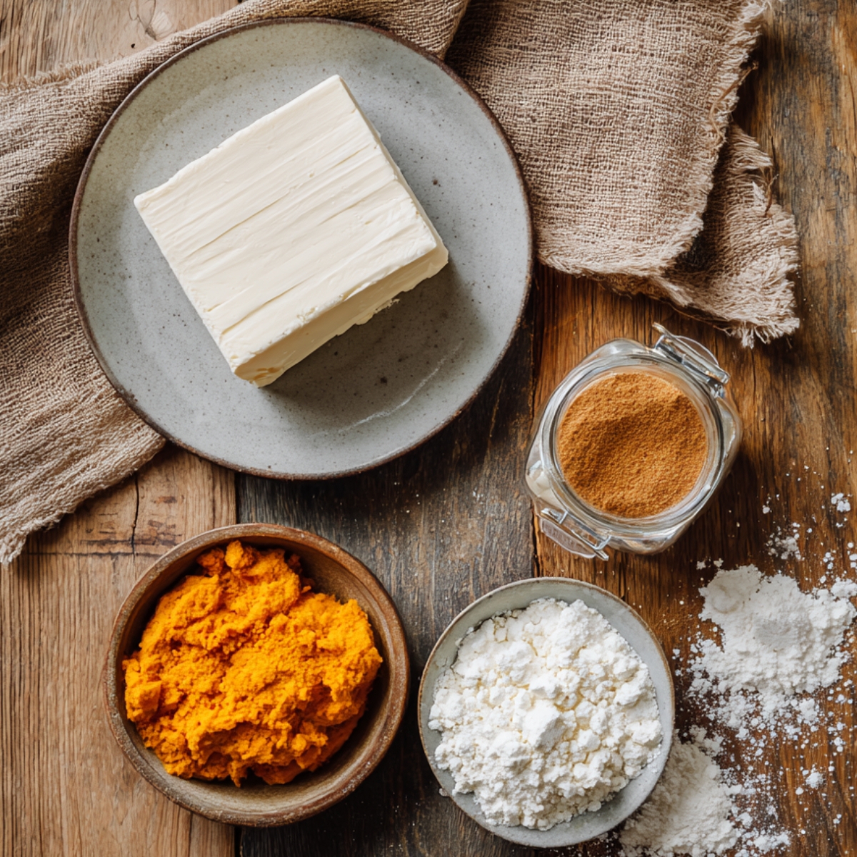 Overhead view of cream cheese, pumpkin puree, powdered sugar, and pumpkin pie spice arranged on a rustic wooden surface.
