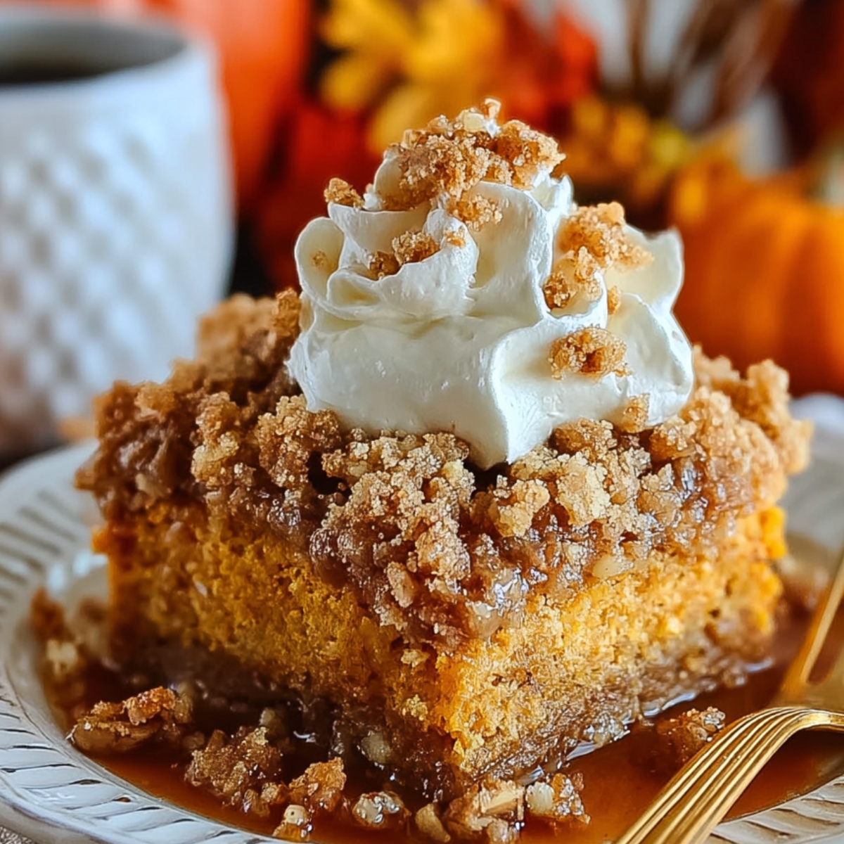 Pumpkin Crunch Cake slice on a white plate, topped with crumbly streusel and whipped cream, with caramel sauce pooling around. A gold fork rests beside it, with a white mug, pumpkins, and fall flowers blurred in the warm autumn background.