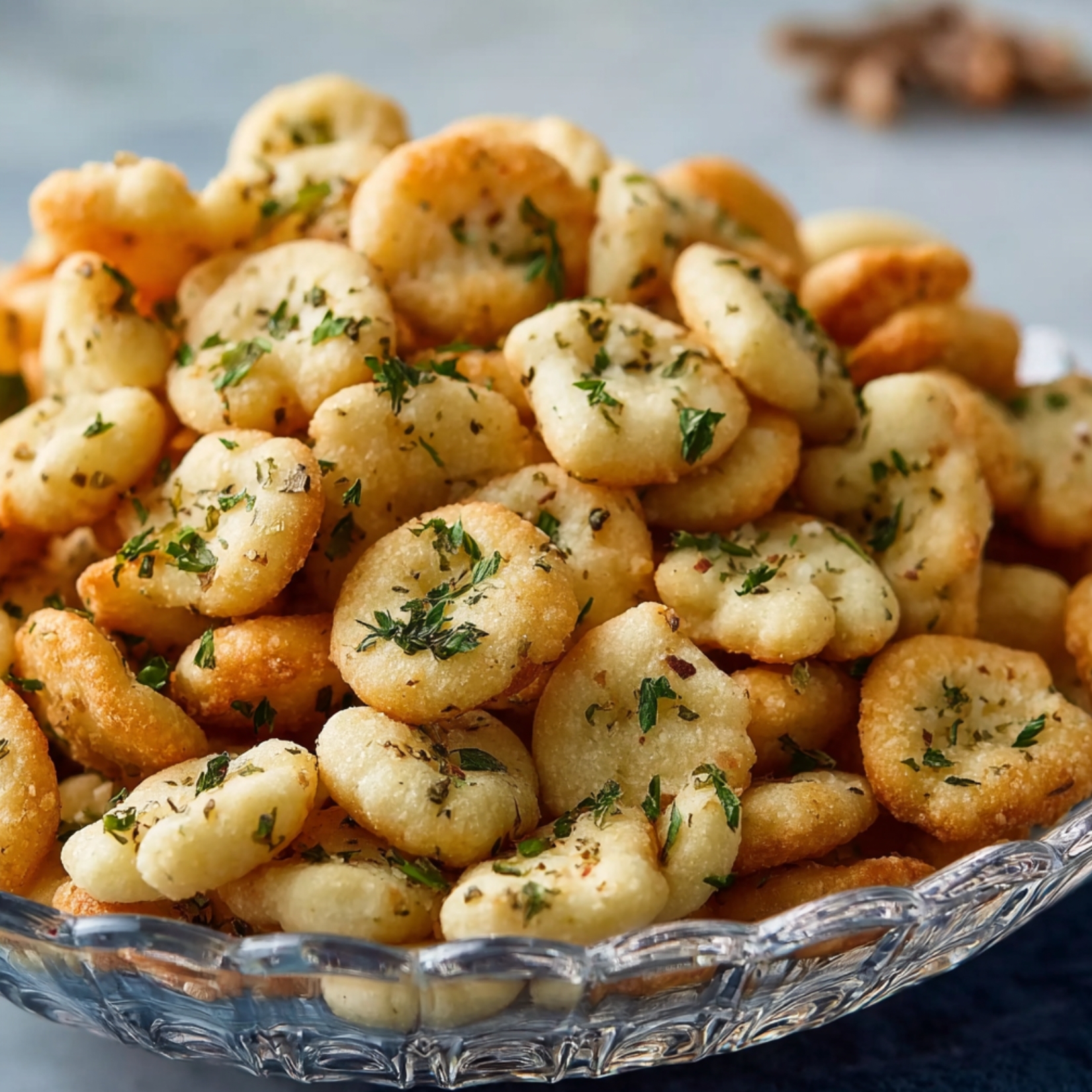 Homemade ranch oyster crackers in a ceramic bowl, golden brown and sprinkled with herbs.