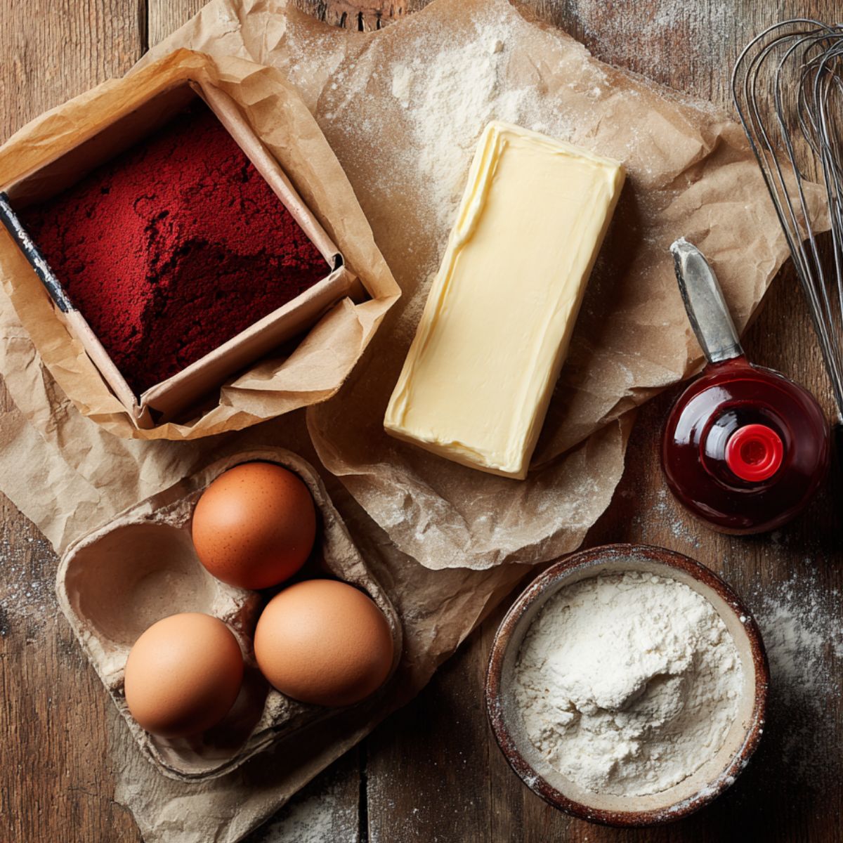 Rustic top-down view of red velvet cheesecake bite ingredients including red cake mix powder, butter, eggs, flour, and a bottle of red food coloring on parchment and wood.