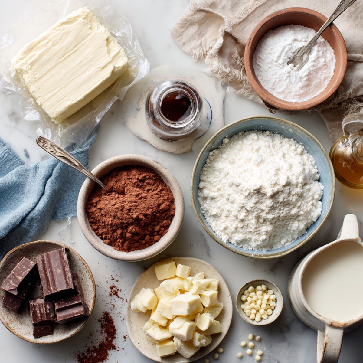 Flat lay of baking ingredients for red velvet cheesecake bites, including butter, flour, cocoa powder, chocolate, vanilla, powdered sugar, and cream on a marble surface.