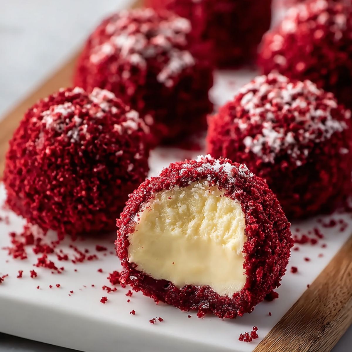 Red velvet cheesecake bites on a white board, coated in red velvet crumbs and powdered sugar, with one bitten open showing a creamy cheesecake center.