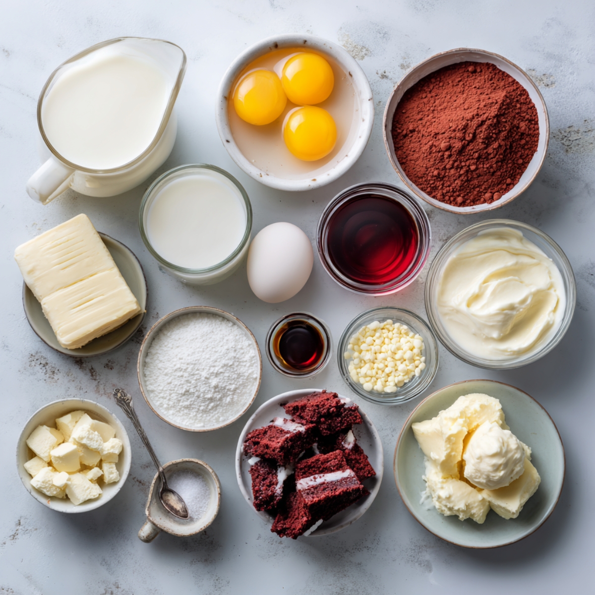 Flat lay of red velvet ice cream ingredients: milk, eggs, sugar, cocoa, cream cheese, food coloring, cake pieces.