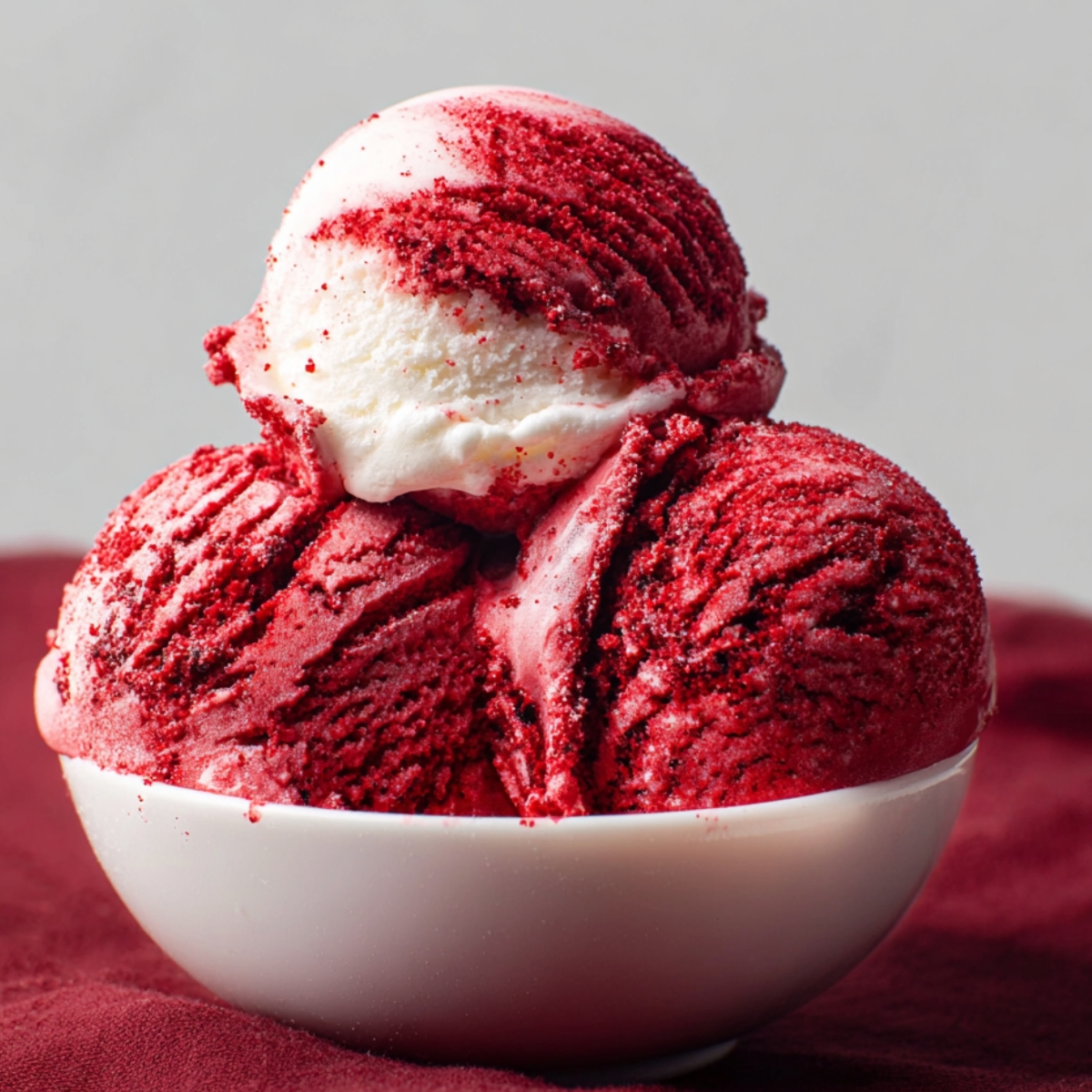 Three scoops of red velvet ice cream with white swirls in a white bowl on a red cloth background.