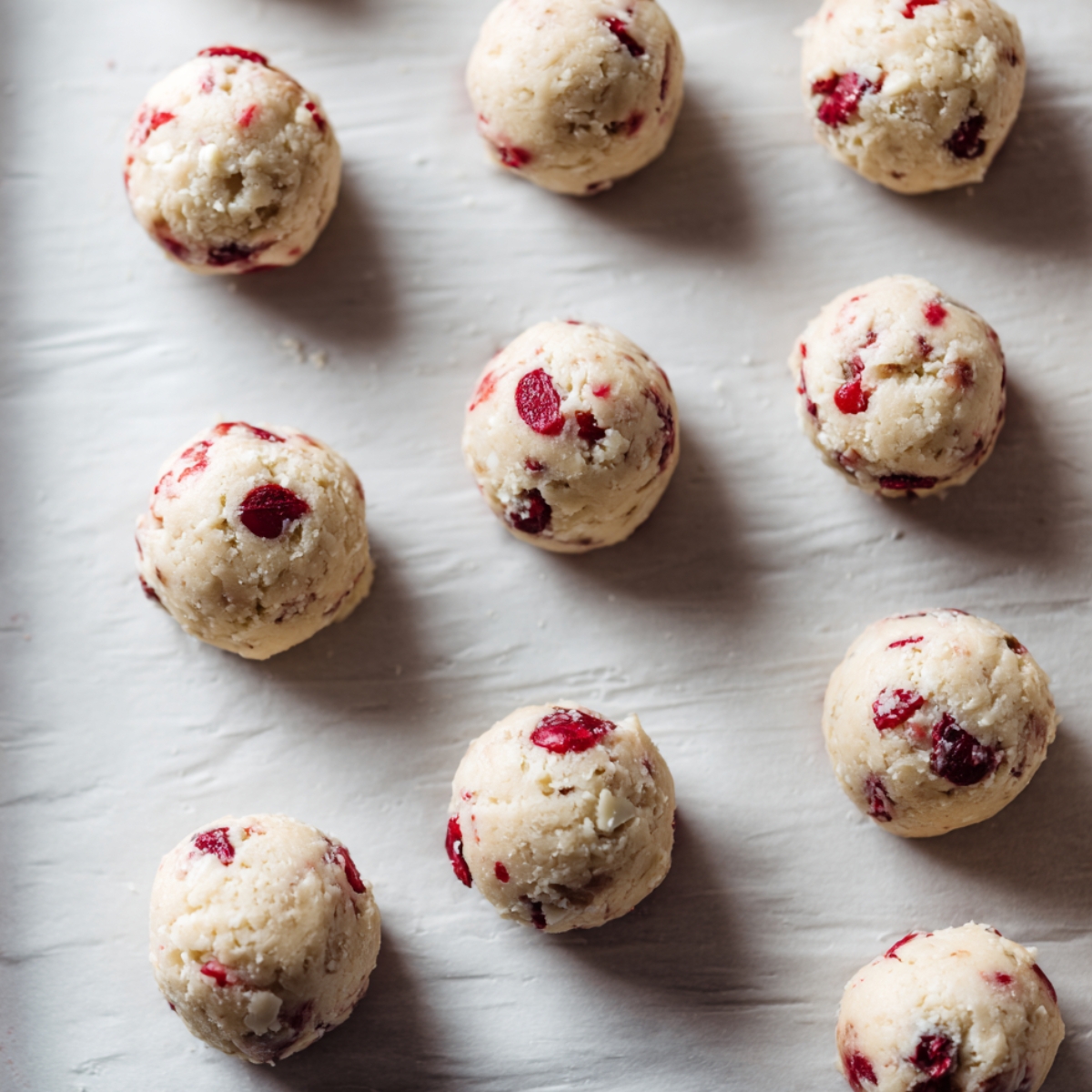 Unbaked cherry cookie dough balls with red cherry pieces on parchment-lined baking sheet.