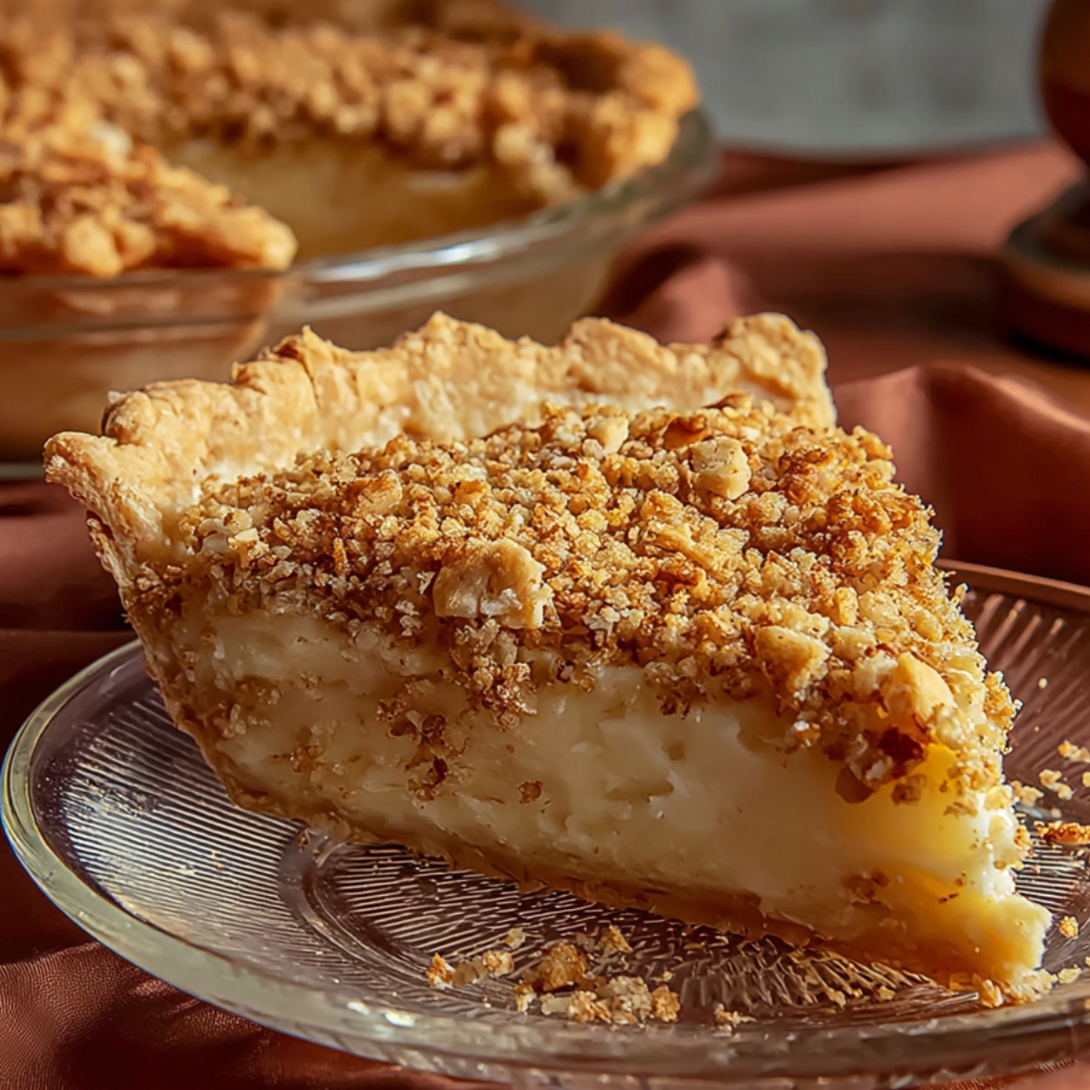 Sawdust pie with flaky crust, creamy filling, and crumbly nut topping on a glass plate.