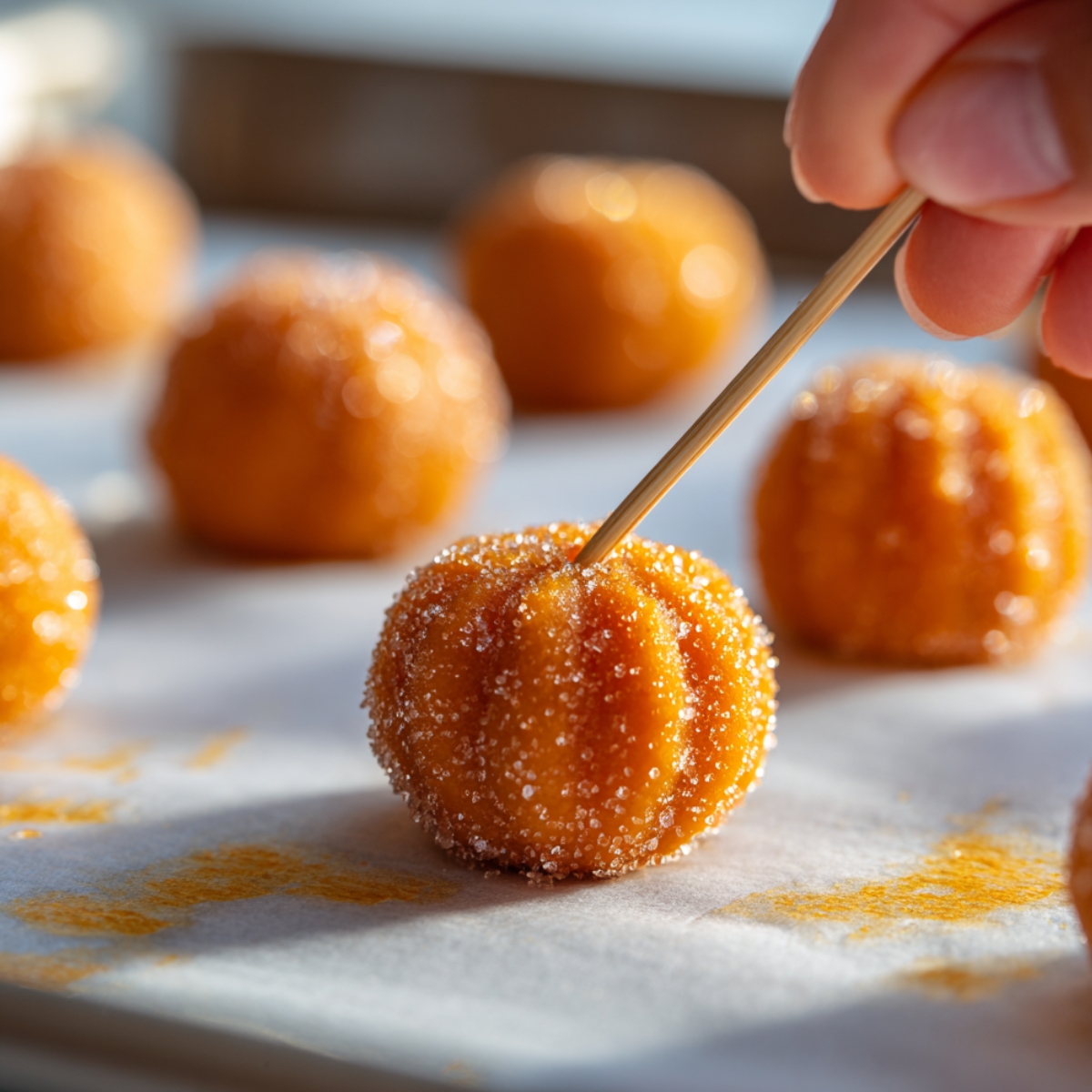 Hand shaping a sugar-coated pumpkin cheesecake truffle with a skewer on a parchment-lined baking sheet.