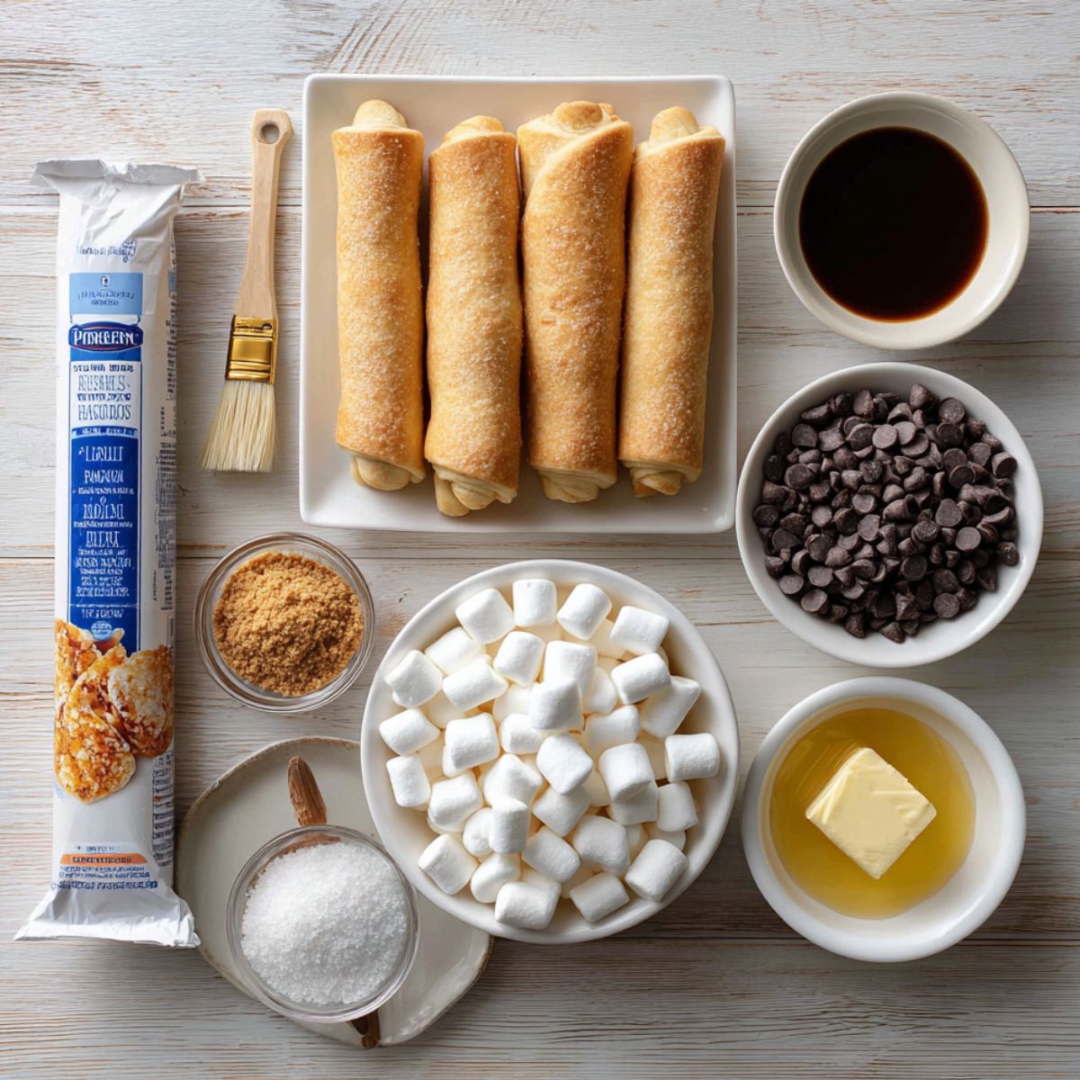 Overhead view of S’mores Crescent Rolls ingredients, including crescent roll dough, baked rolls, mini marshmallows, chocolate chips, graham crumbs, sugar, butter, and vanilla.
