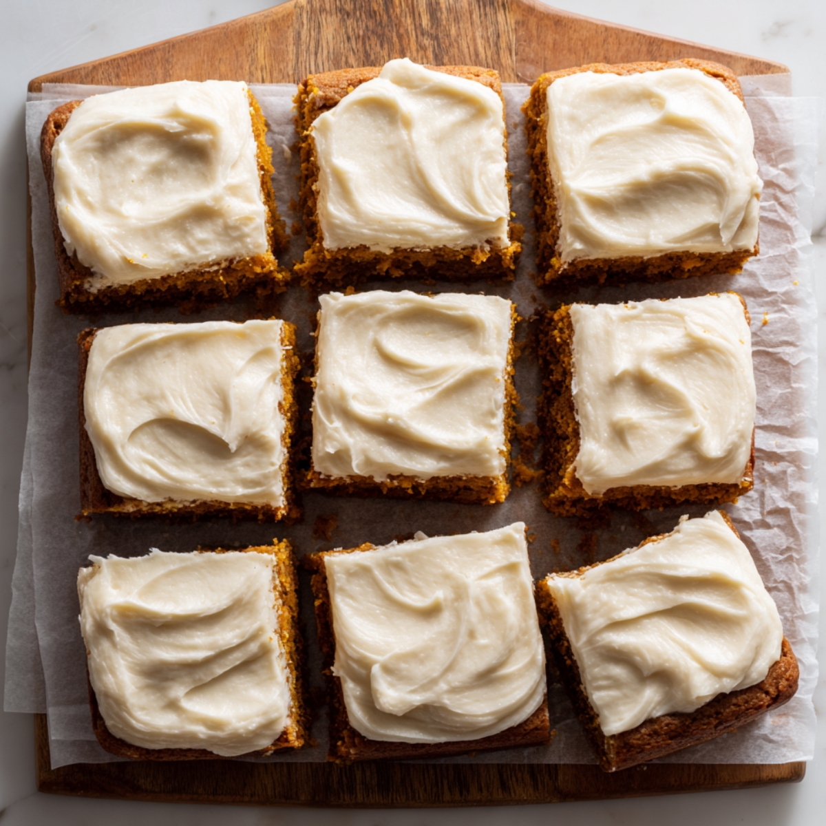 Moist homemade pumpkin bars topped with thick swirled cream cheese frosting, cut into squares on a wooden board with parchment paper.