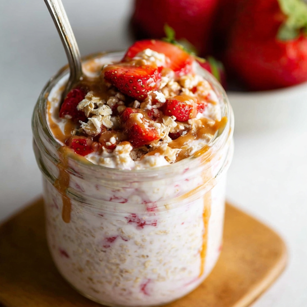 Jar of strawberry cheesecake overnight oats topped with fresh strawberries, granola, and a whole strawberry garnish.