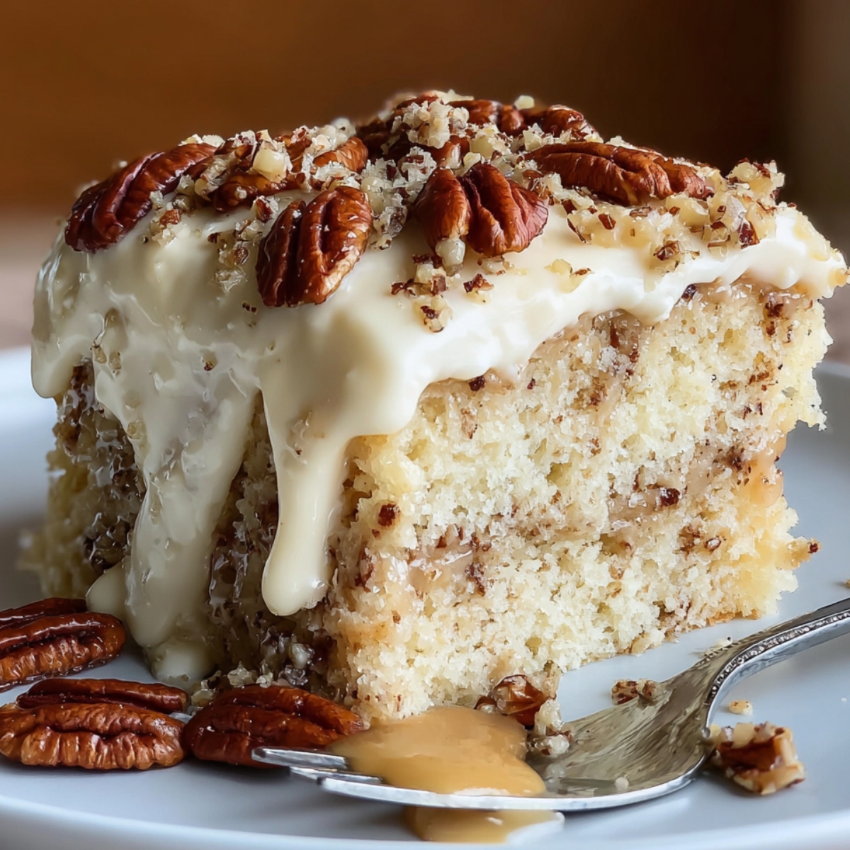 Close-up of butter pecan tres leches cake slice with whipped cream, caramel drizzle, and toasted pecans on a white plate.