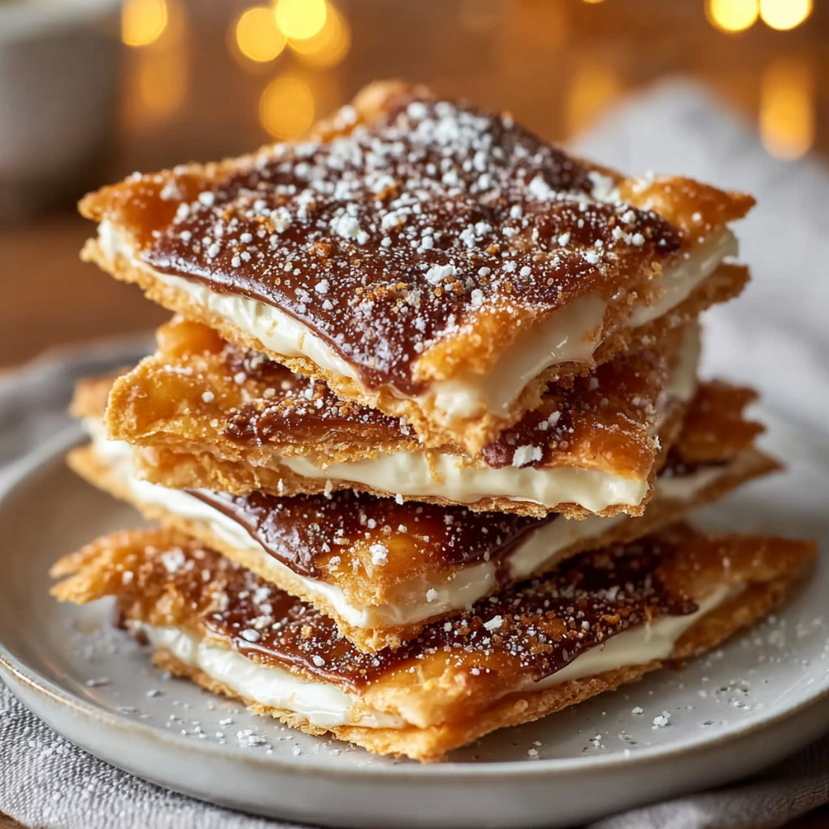 The Best Churro Saltine Toffee on a plate, with golden crackers, creamy filling, glossy dark chocolate, and a dusting of powdered sugar, set against a warm golden bokeh background.