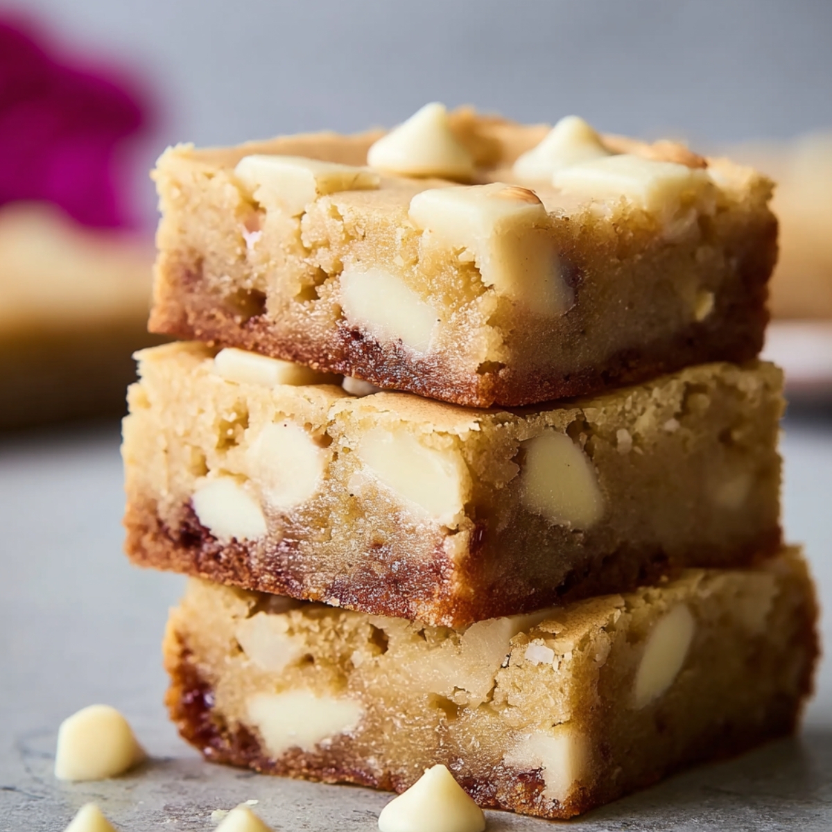 Stack of three White Chocolate Brownies with golden edges, fudgy centers, topped with coconut and chips, on a light surface with crumbs and blurred background.