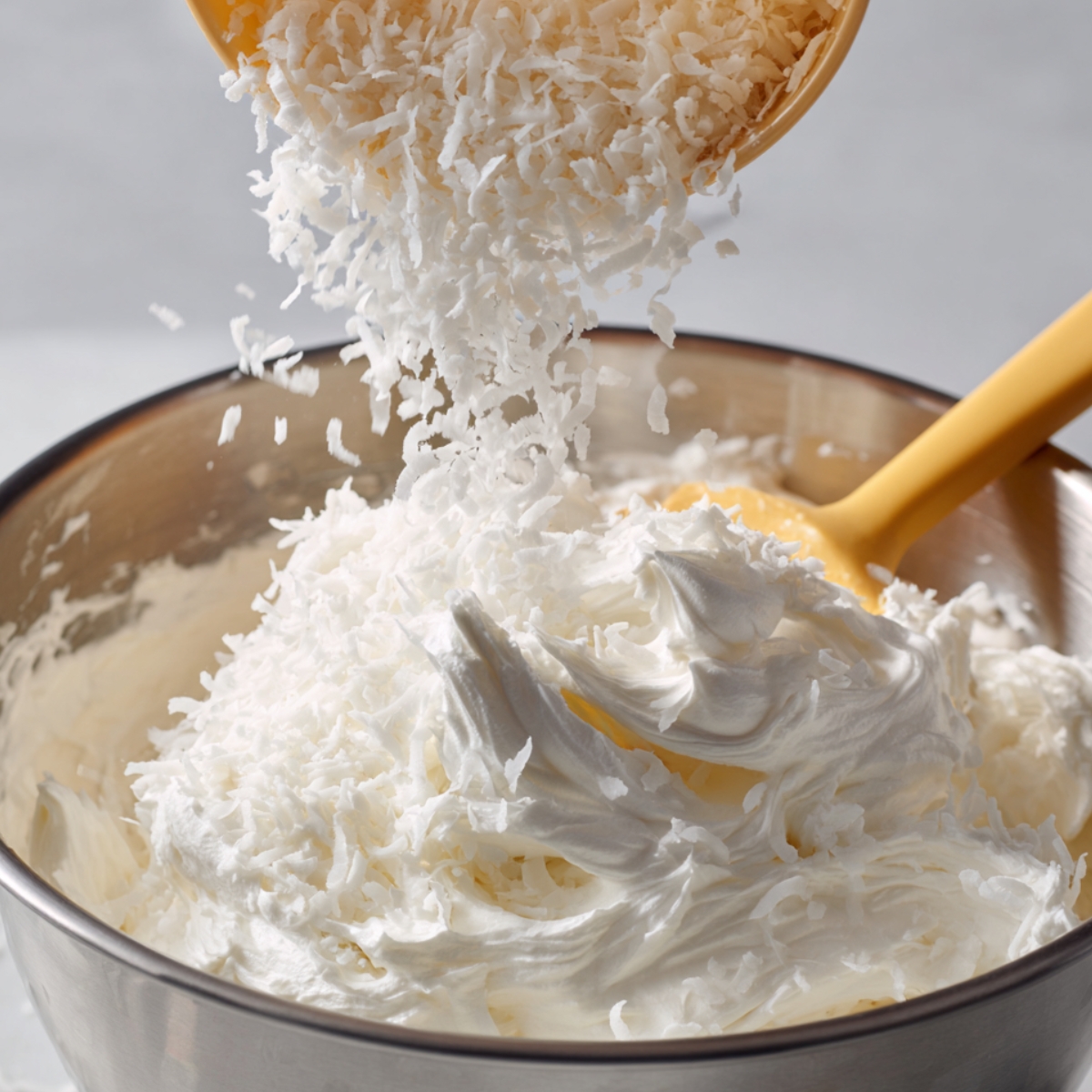 Shredded coconut falling from a measuring cup into a bowl of whipped meringue with a yellow spatula, showing a homemade baking process.