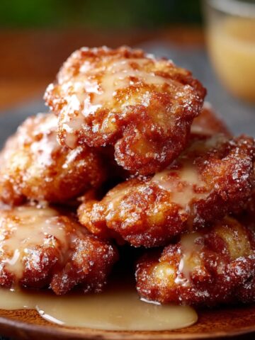 Homemade apple fritters stacked on a wooden plate, golden brown with a crisp texture, dusted with sugar and drizzled with glaze pooling on the plate.