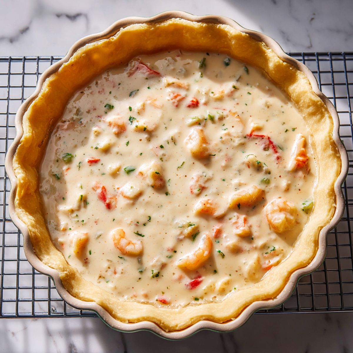 A homemade Florida shrimp pie in a scalloped dish on a cooling rack, filled with creamy sauce, pink shrimp, red peppers, and herbs in a golden crust.