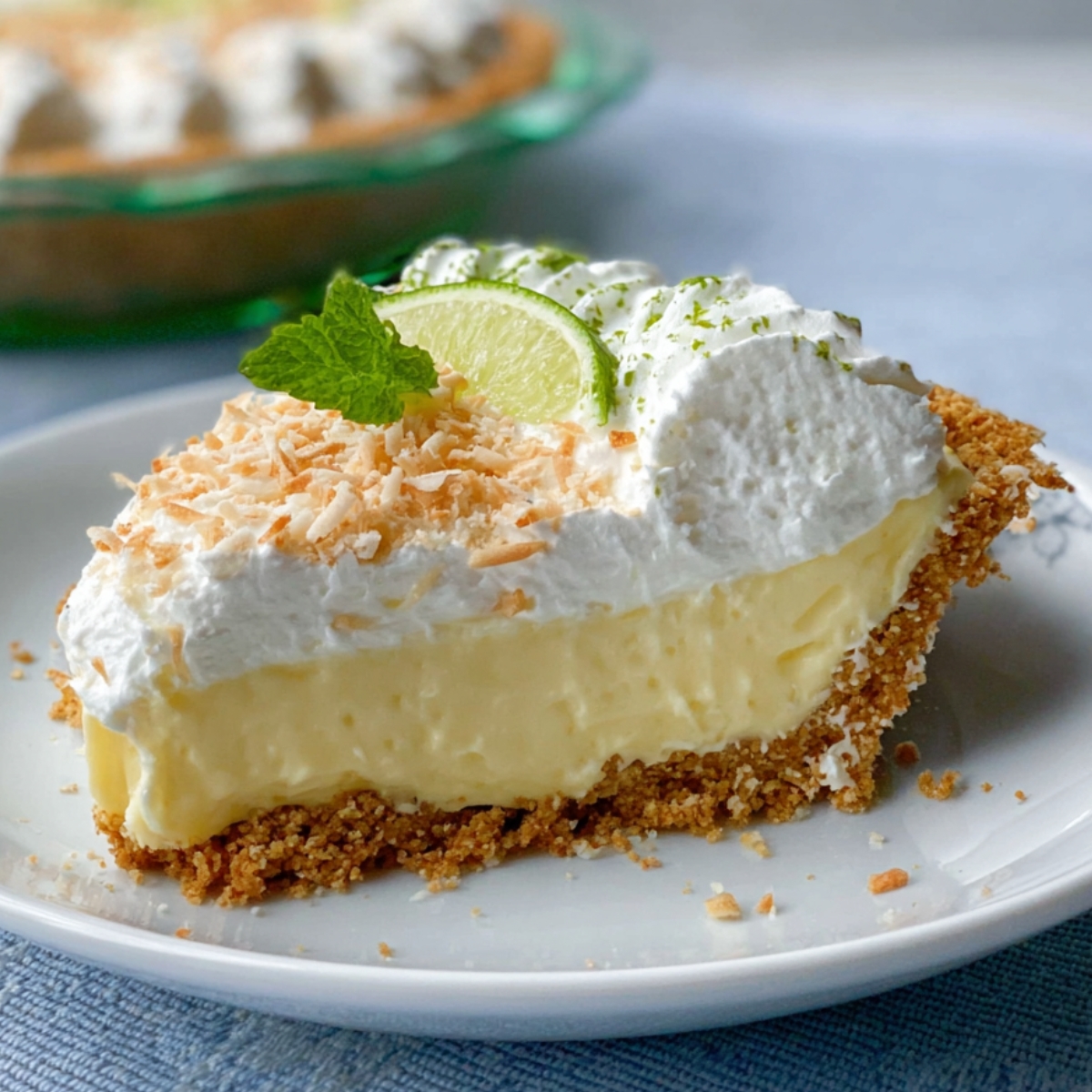 Slice of homemade Atlantic Beach Pie on a white plate with a golden crumb crust, creamy lemon-lime filling, fluffy whipped cream, toasted coconut, a lime wedge, and fresh mint garnish.