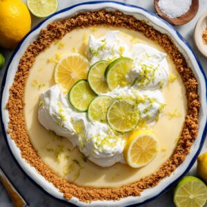 Homemade Atlantic Beach Pie in a white pie dish with a golden saltine crust, creamy lemon-lime filling, topped with whipped cream, citrus slices, and zest, surrounded by fresh lemons, limes, and a small bowl of sea salt on a marble surface.