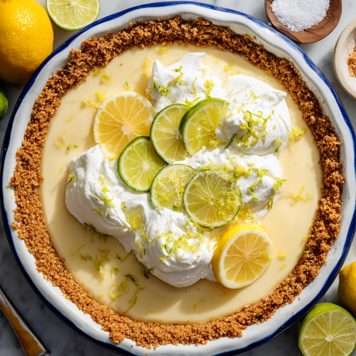 Homemade Atlantic Beach Pie in a white pie dish with a golden saltine crust, creamy lemon-lime filling, topped with whipped cream, citrus slices, and zest, surrounded by fresh lemons, limes, and a small bowl of sea salt on a marble surface.