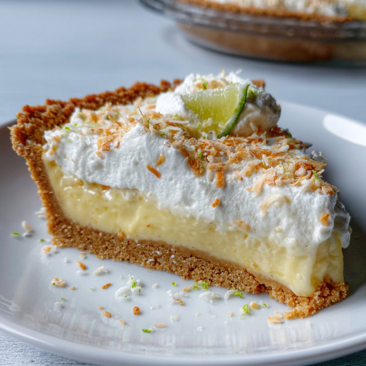 Best Atlantic Beach Pie Recipe on a white plate with a crumbly golden crust, creamy citrus filling, fluffy whipped cream, toasted coconut, and a lime wedge garnish.