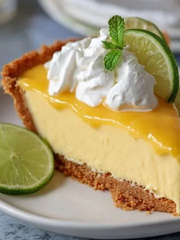 Best Mango Key Lime Pie Recipe A slice of homemade Mango Key Lime Pie with a graham cracker crust, creamy yellow filling, mango glaze, whipped cream, lime zest, and lime slices on a white plate.