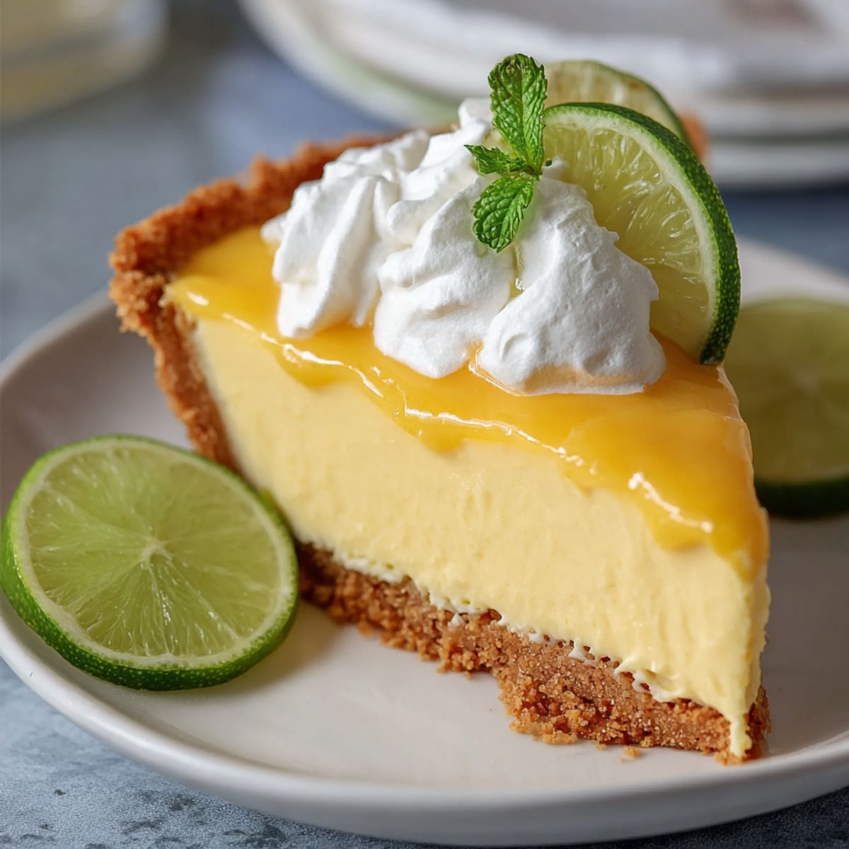 Best Mango Key Lime Pie Recipe A slice of homemade Mango Key Lime Pie with a graham cracker crust, creamy yellow filling, mango glaze, whipped cream, lime zest, and lime slices on a white plate.