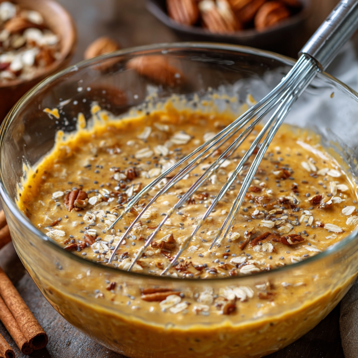 Glass bowl of pumpkin overnight oats with oats, chia seeds, and pecans, whisk resting inside, surrounded by cinnamon sticks and nuts.
