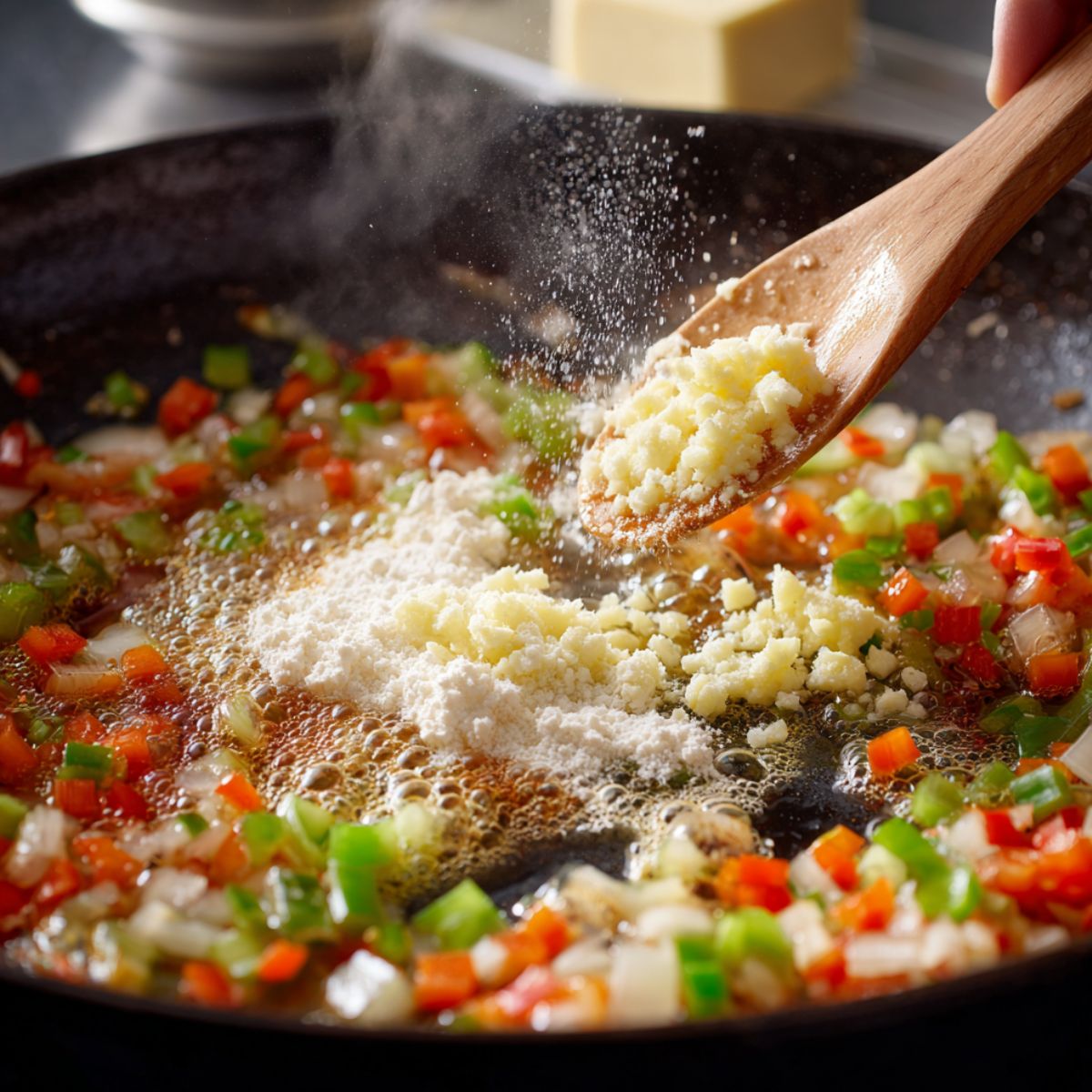 Diced onions, green and red peppers sizzling in butter as a wooden spoon sprinkles garlic and flour into a hot skillet with steam rising.