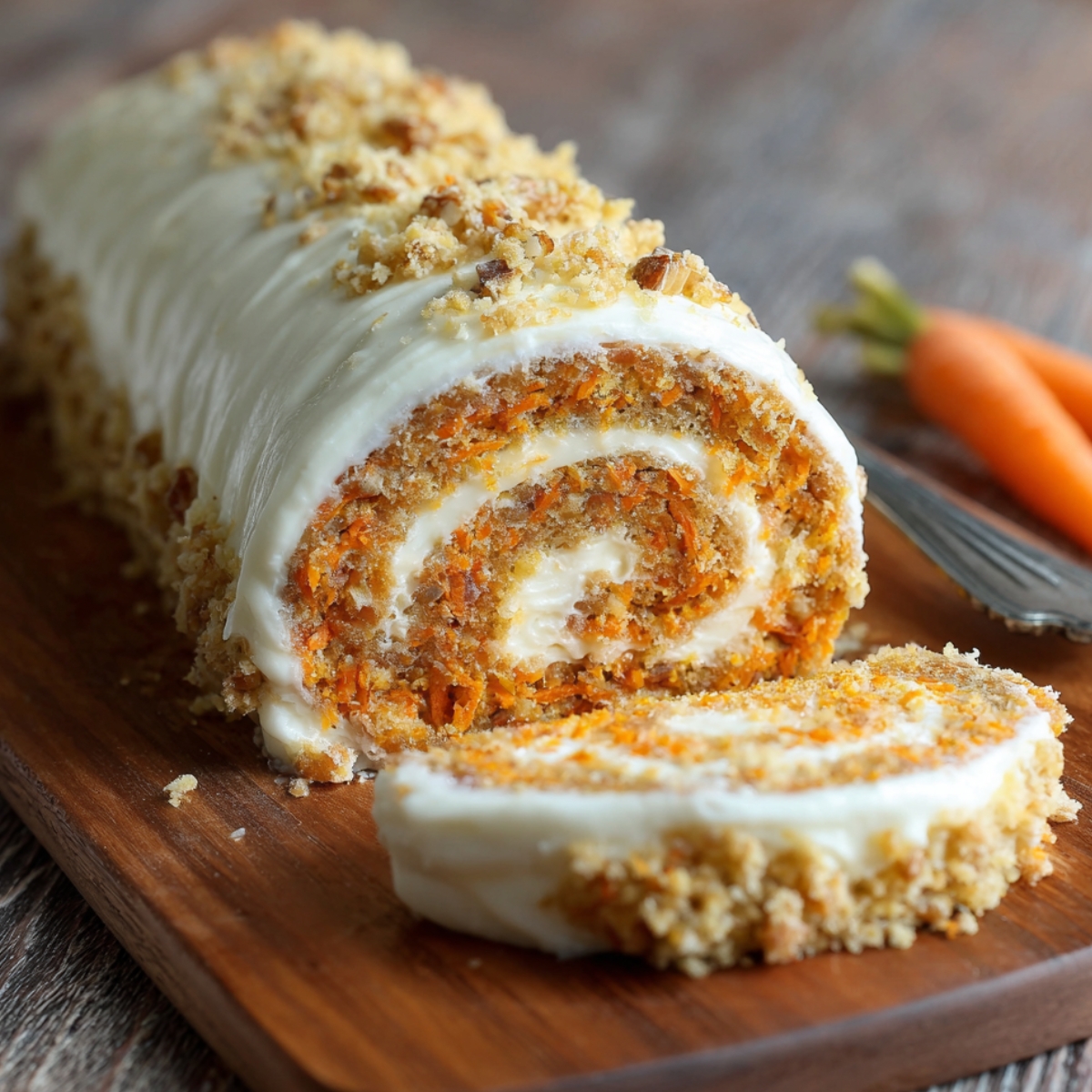Homemade carrot cake roll with cream cheese frosting, sliced to reveal moist layers of spiced carrot cake and creamy filling swirled inside, topped with chopped nuts and crumbs, served on a wooden board.