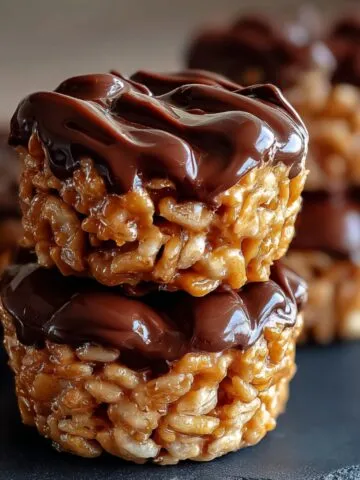 Two stacked homemade Chocolate Peanut Butter Rice Krispie Cups with a crispy peanut butter base and glossy chocolate topping, on a rustic surface.