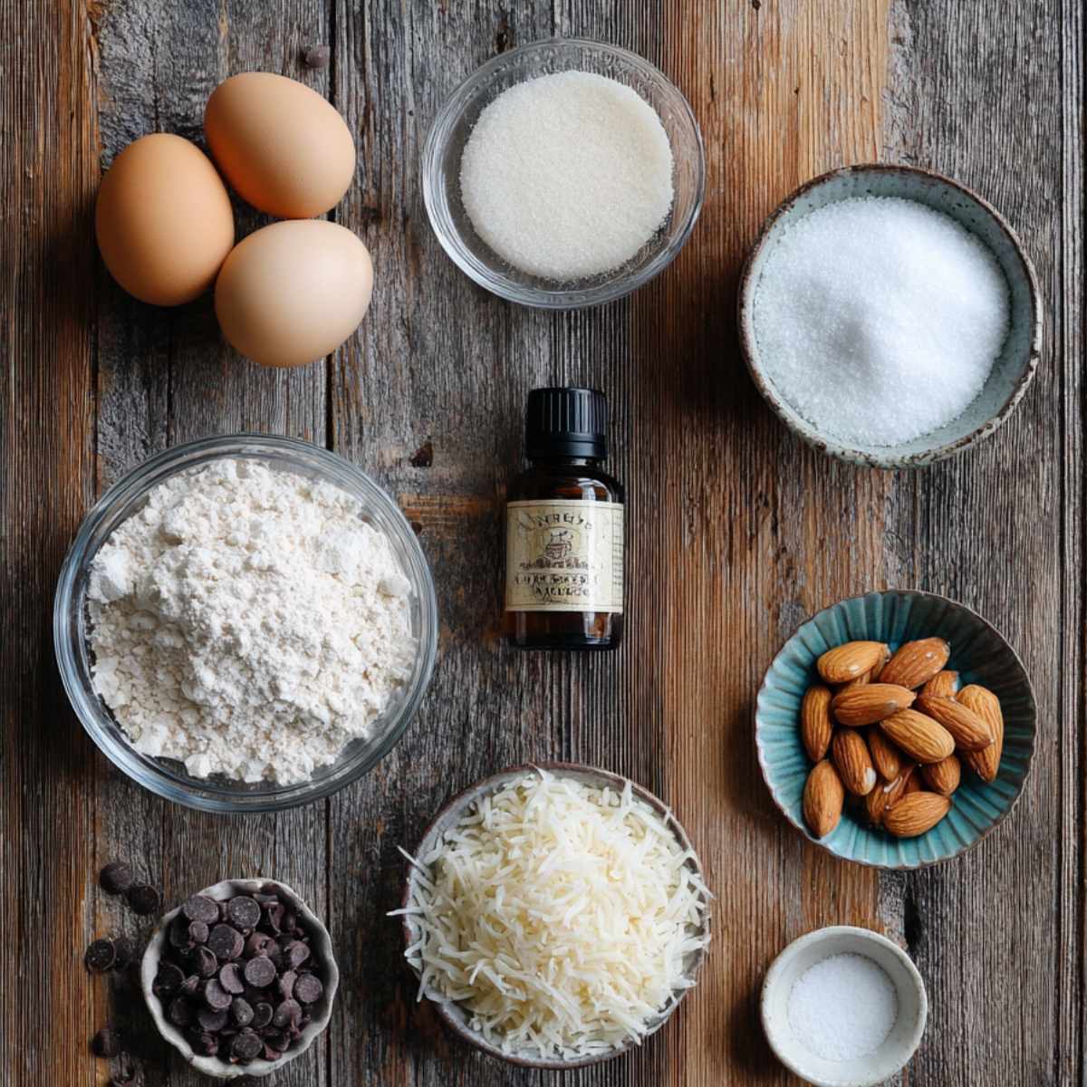 Overhead of ingredients for coconut meringue cookies on a rustic wooden table, including eggs, sugar, flour, shredded coconut, almonds, chocolate chips, salt, and vanilla extract.
