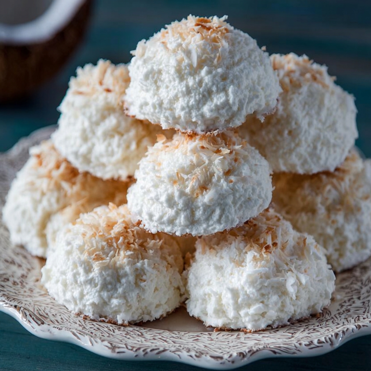 Homemade coconut meringue cookies stacked on a vintage plate with toasted coconut on top, rustic and fluffy.