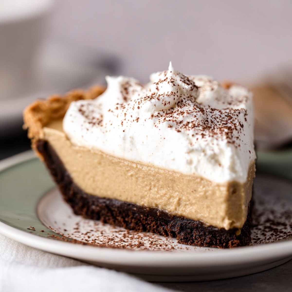 Slice of coffee custard pie with graham cracker crust, dark chocolate base, creamy coffee filling, whipped cream, and chocolate shavings on a white plate with sauce pooling underneath.