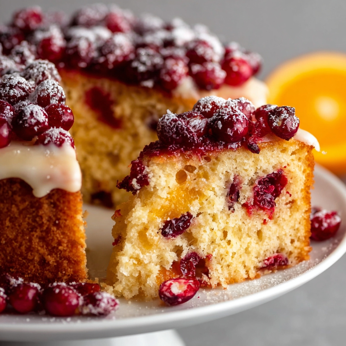 Homemade cranberry orange cake with glaze, fresh cranberries, and powdered sugar.