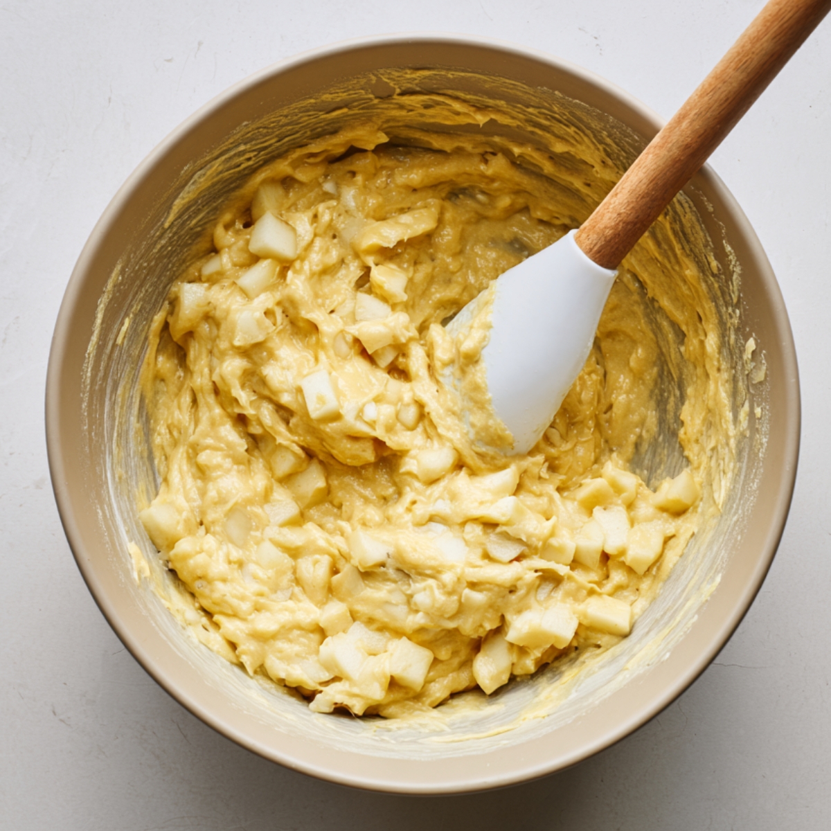 Homemade apple fritter batter in a mixing bowl, thick and golden with visible chunks of fresh apple, stirred with a white spatula with a wooden handle, resting on a light kitchen surface.