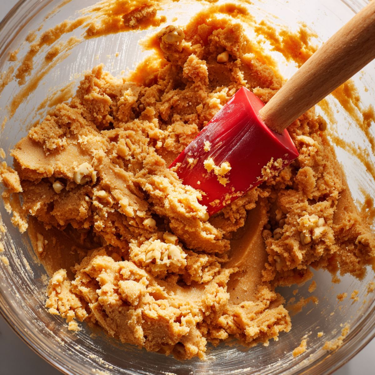 Homemade maple cookie dough in a glass mixing bowl with chopped nuts, mixed using a red silicone spatula with a wooden handle.