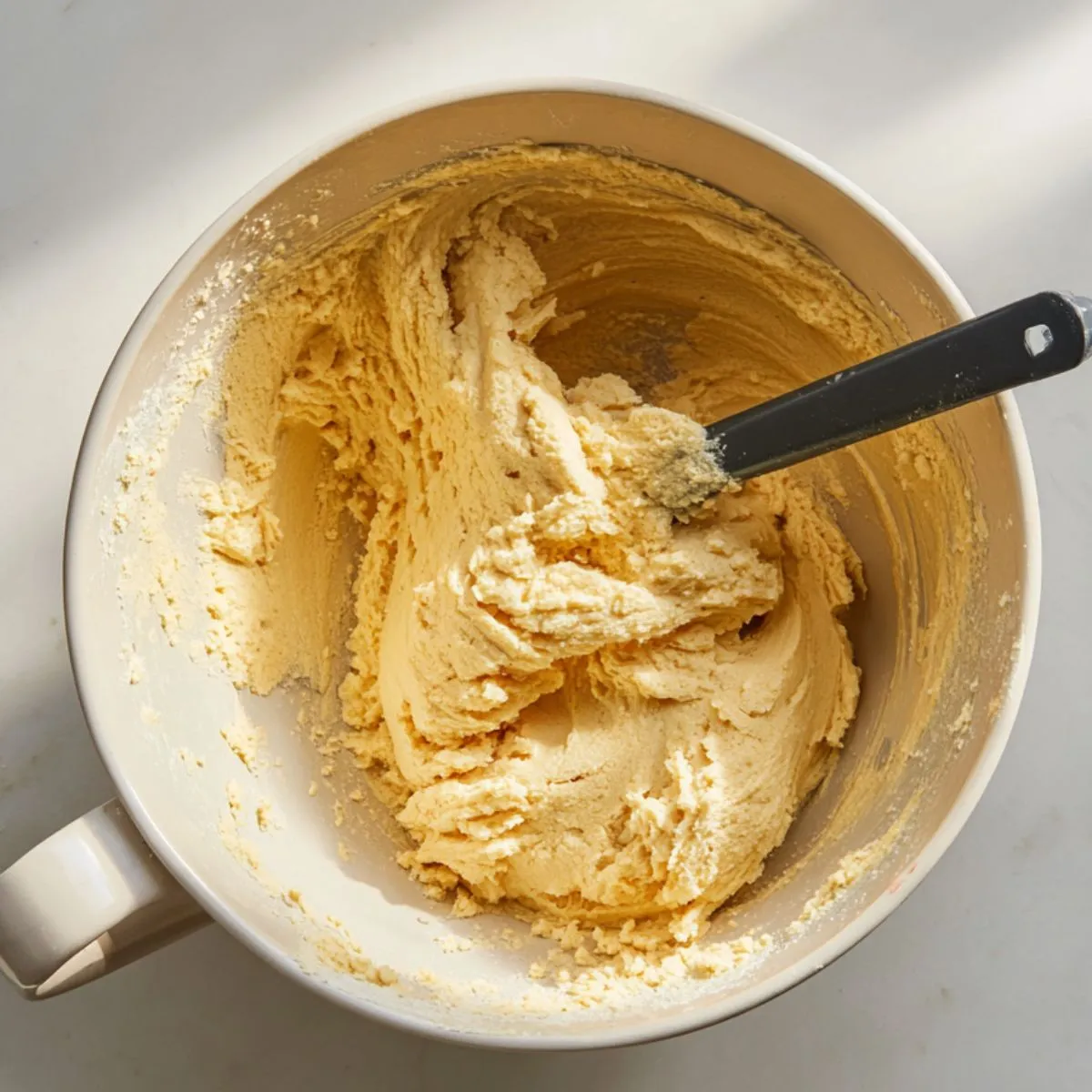 A mixing bowl filled with thick, creamy cornbread cookie dough, with a black spatula partially buried in the batter. The texture looks soft, fluffy, and homemade.