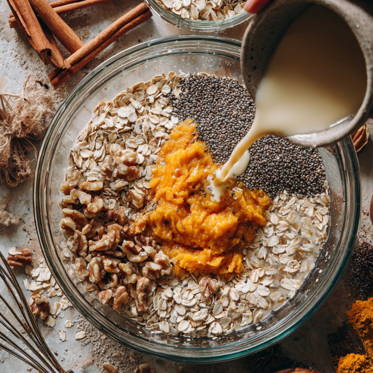 Glass bowl with oats, chia seeds, walnuts, and pumpkin purée as almond milk is poured in, with cinnamon sticks nearby.