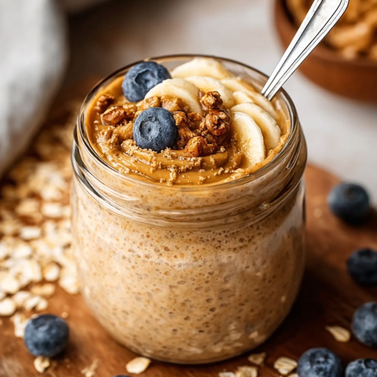 Easy Blended Oats Recipe topped with peanut butter, banana slices, blueberries, and granola on a wooden board.