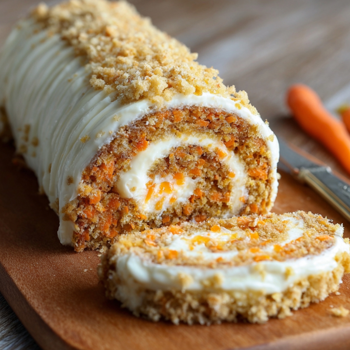 Easy Carrot Cake Roll Recipe filled with cream cheese frosting, sliced to reveal its spiral of moist carrot cake and creamy filling, topped with crushed nuts and crumbs, served on a wooden board.