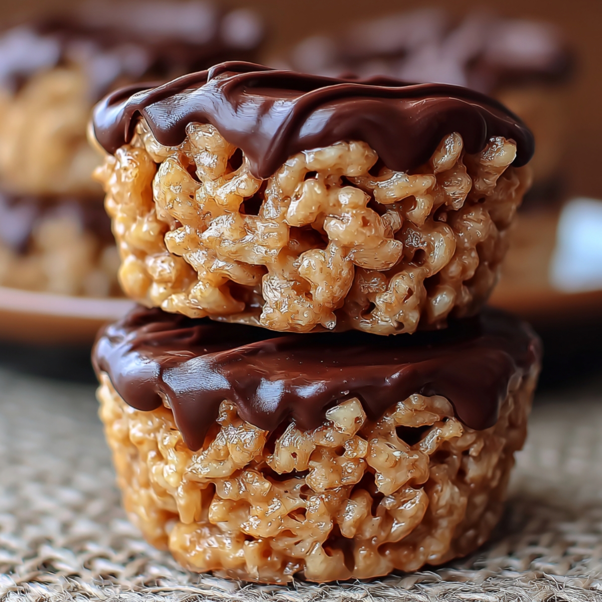 Homemade Chocolate Peanut Butter Rice Krispie Cups on a wooden plate, with a crispy peanut butter base, glossy chocolate topping, and sprinkled chocolate chunks.